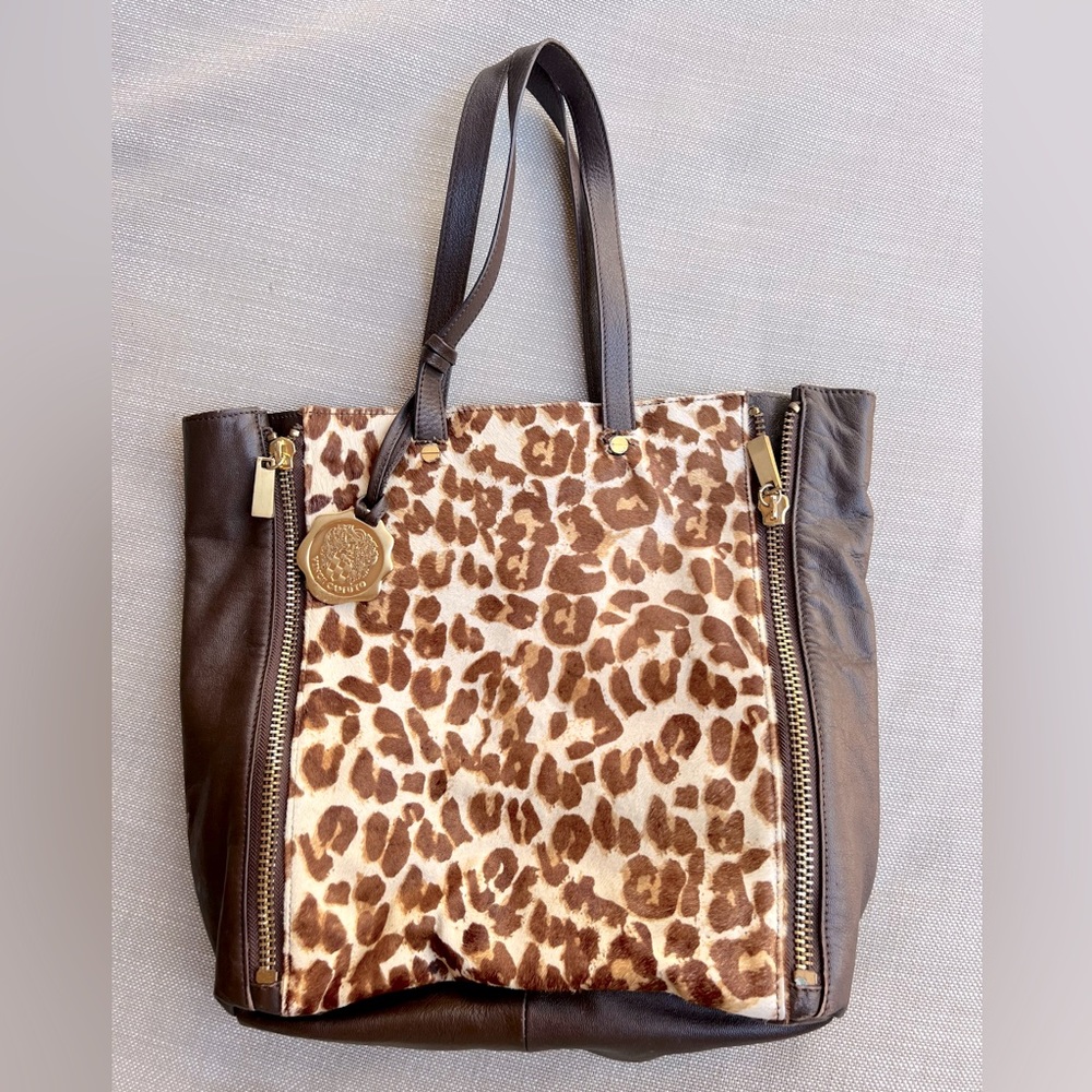 Vince Camuto brown leather with leopard-print calf hair shoulder bag.